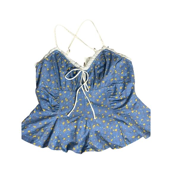 Free People Blue Floral Lace Ruched Sammi Tank Boho Cottage Sz Medium NWT - Picture 4 of 6